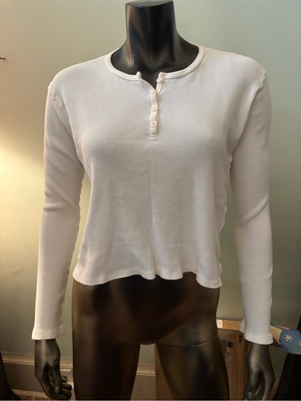 Brandy Melville White Waffle-Knit Henley Long Sleeve Top